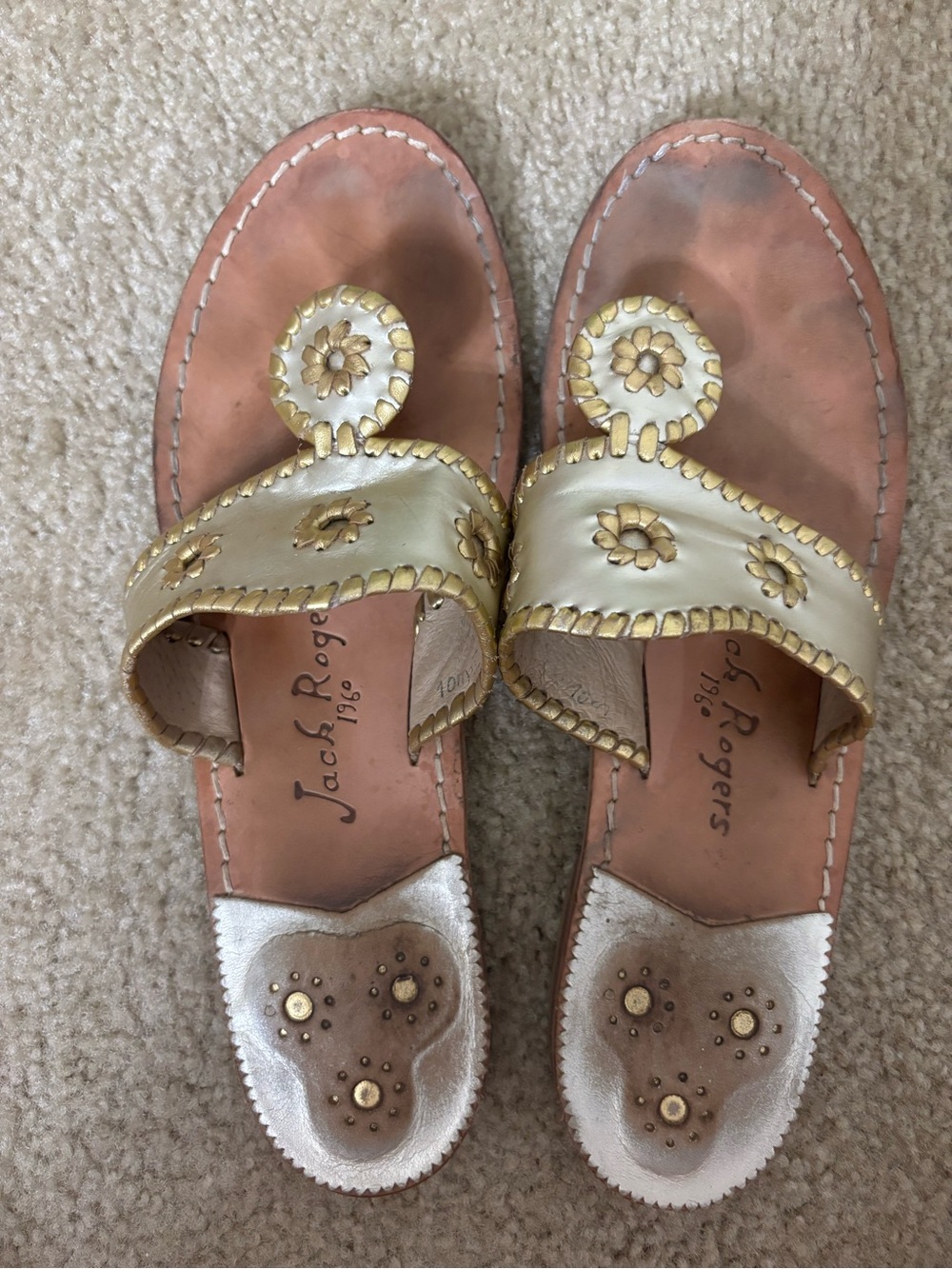 Jack Rogers Gold Leather Floral Appliqué Slide Sandals